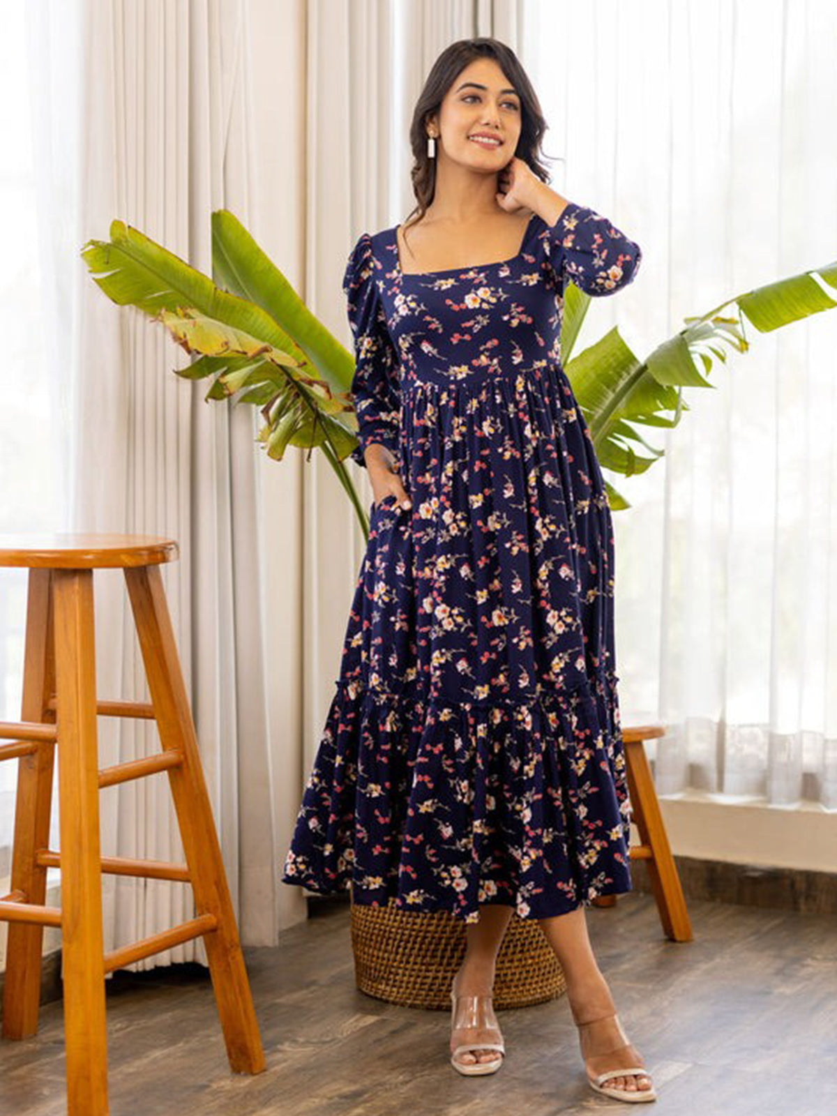 Odette Navy Blue Rayon Stitched Printed Indo Western Dress For Women