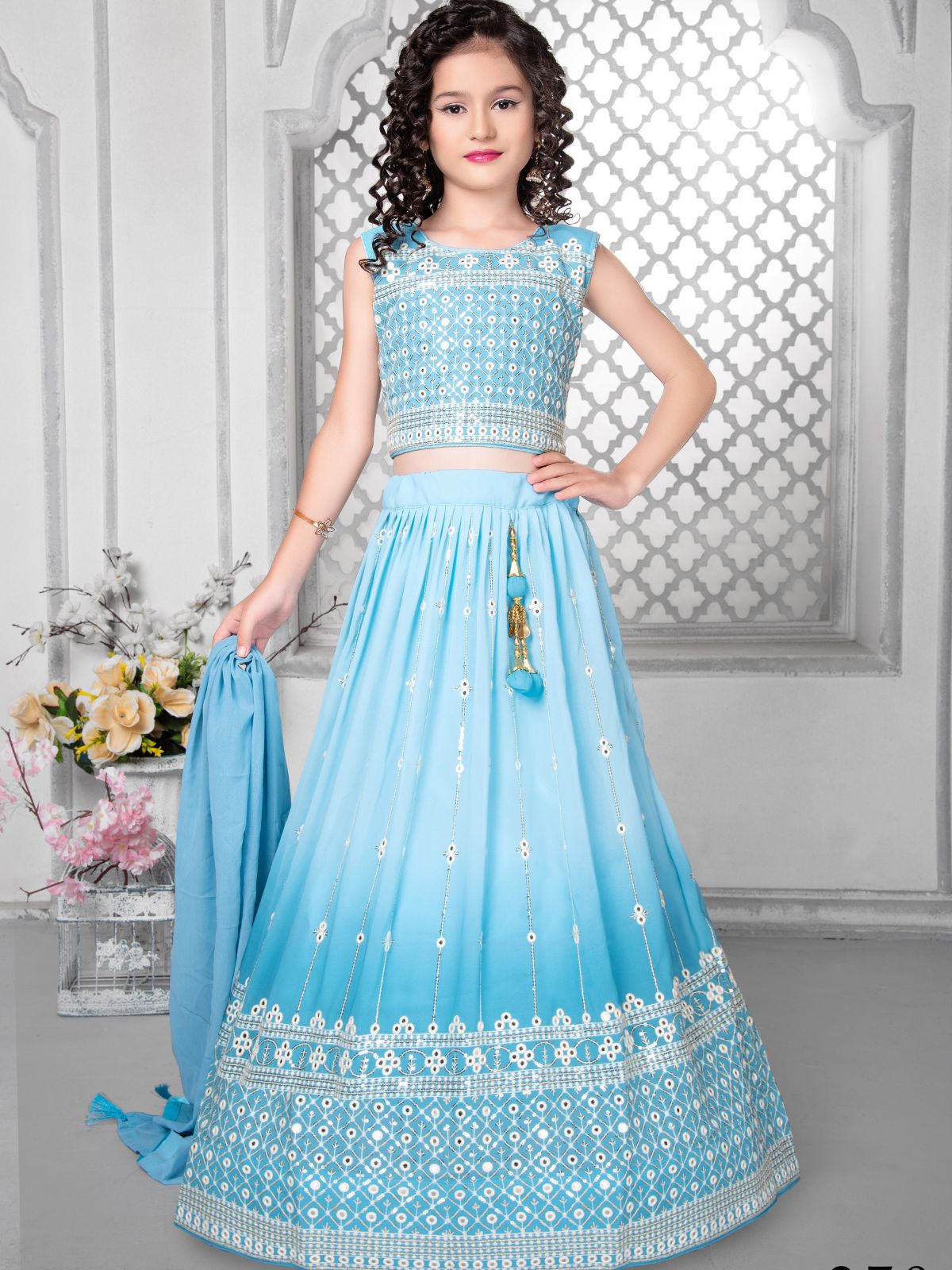 Net Lehenga Choli In Light Blue & Pink With Kundan Work, GIRLS DRESS #19872  | Buy Lehenga Choli For Kids Online