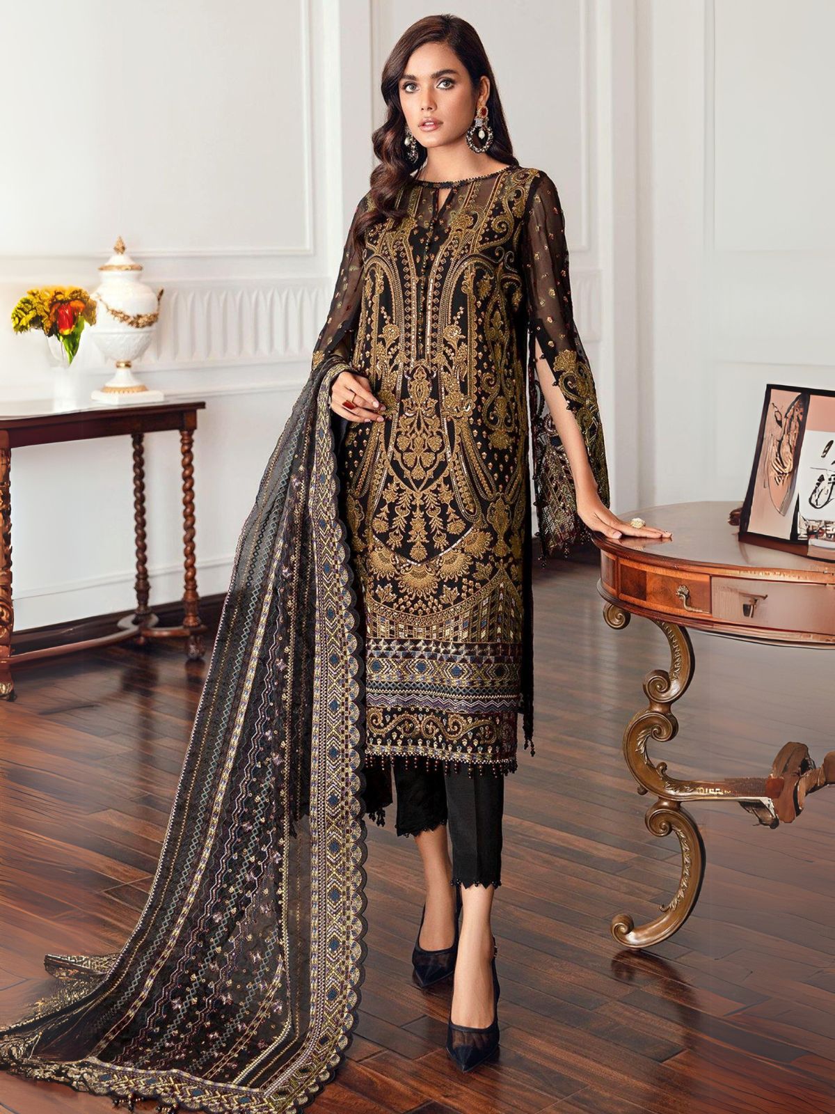 Odette Black Georgette Golden Embroidered Semi-Stitched Kurta Set For Women