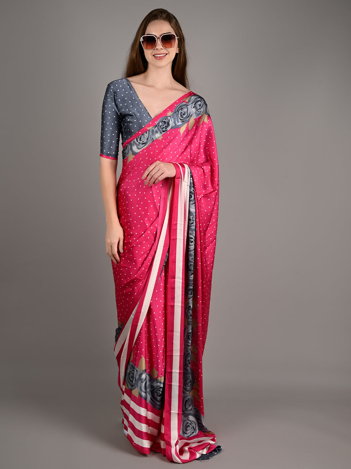 Saree : White georgette red dot printed casual wear saree