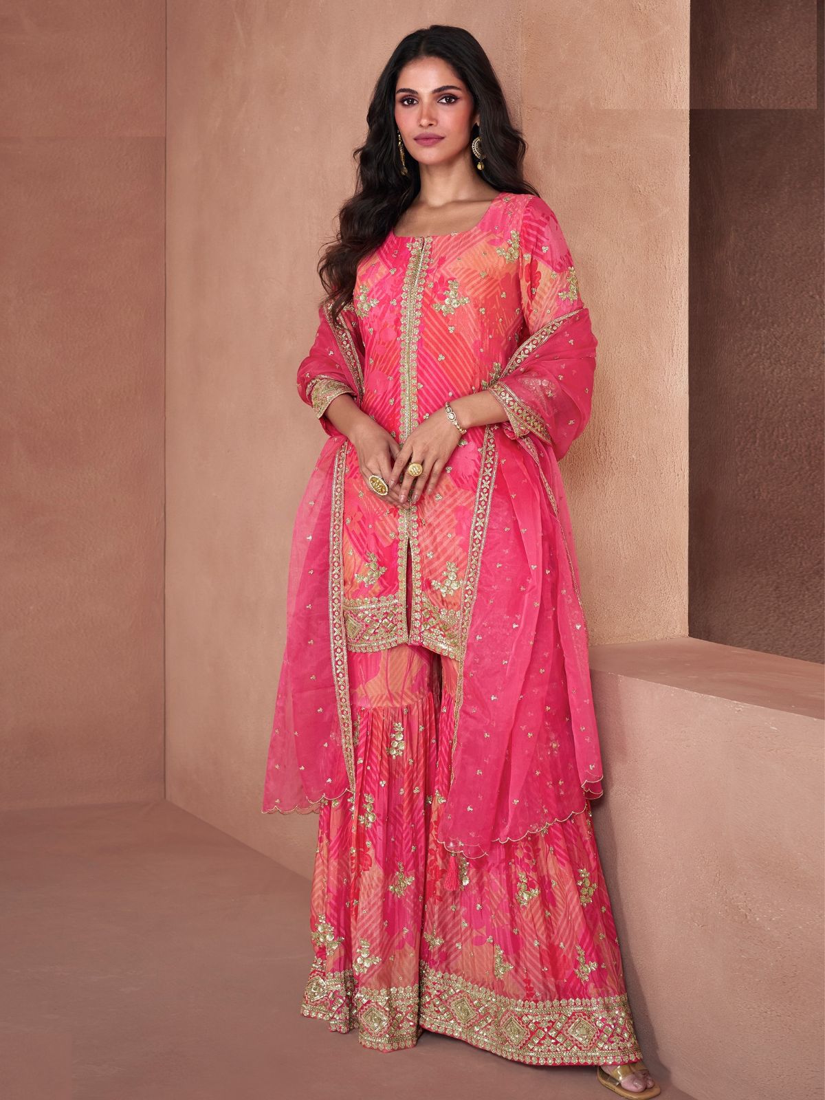 Odette Pink Georgette Embellished Stitched Kurta Set For Women