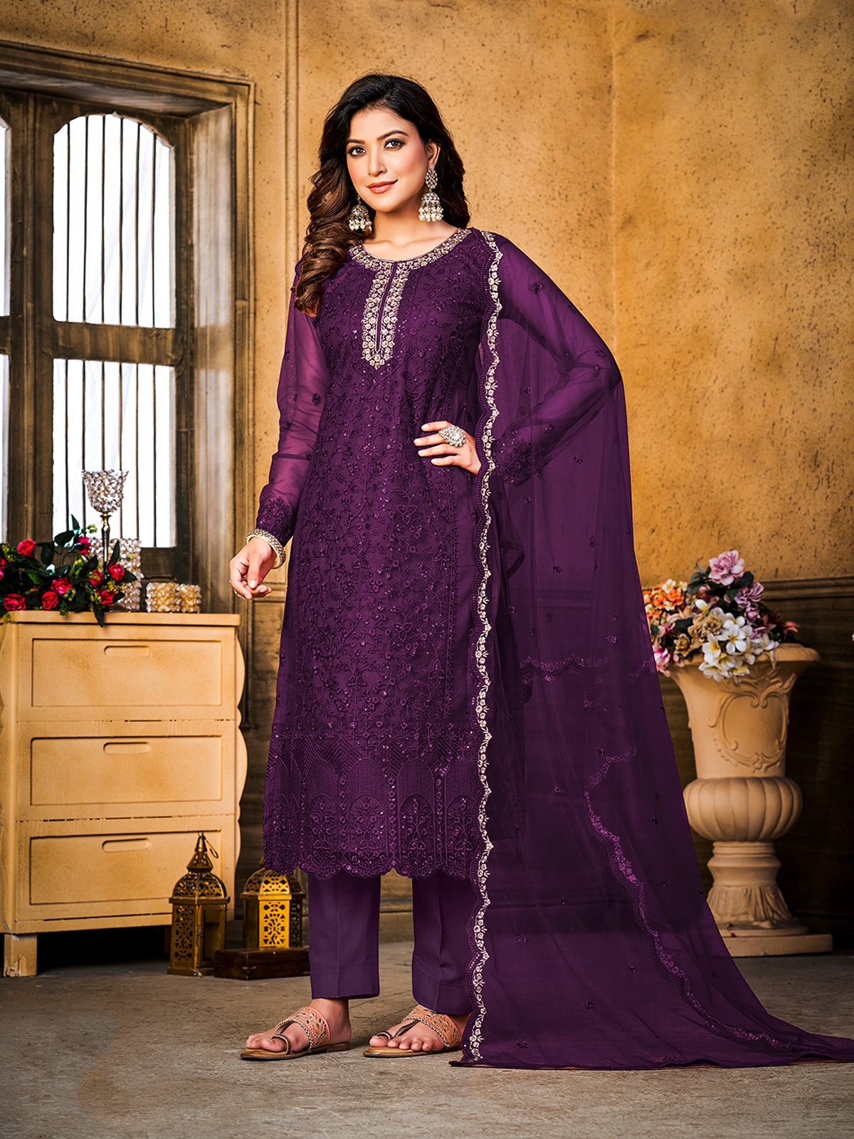Odette Purple Net Embroidered Semi stitched Kurta Set with Inner For Women