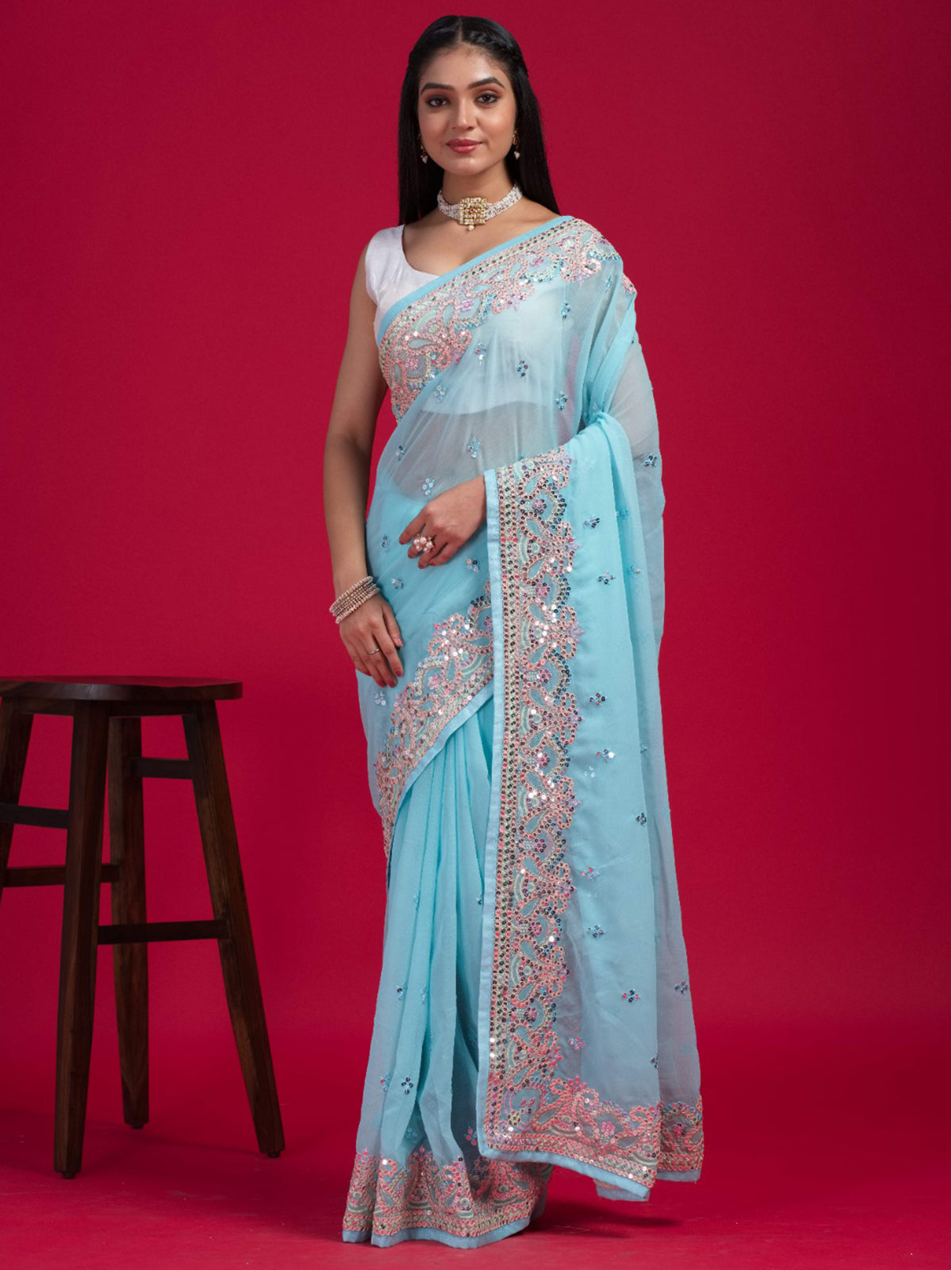 Odette - Blue Georgette Embroidered Saree with Unstitched Blouse