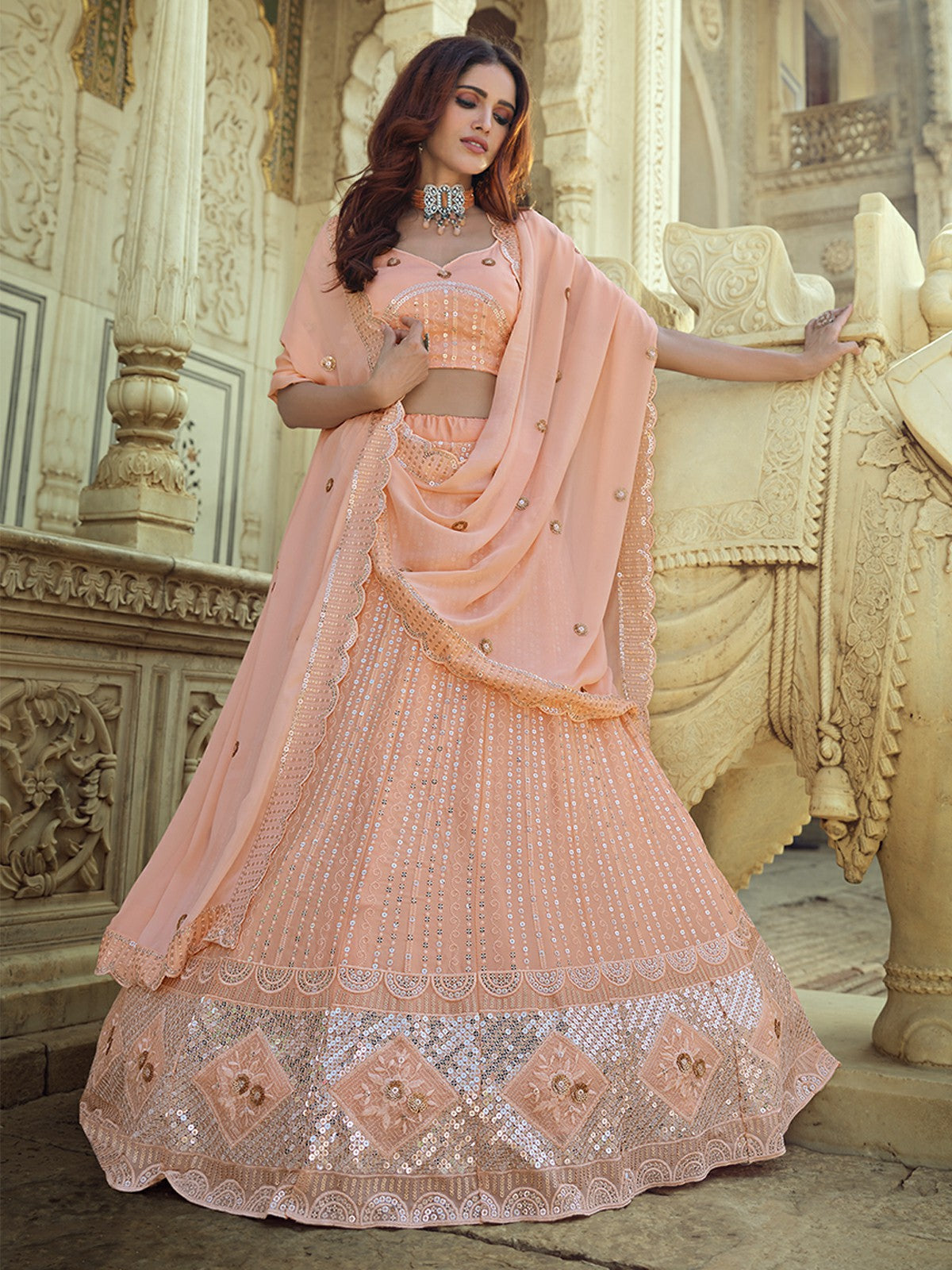 Odette Peach Embellished Georgette Semi Stitched Lehenga With Blouse For Women