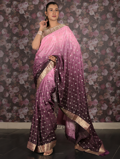 Odette Purple Shimmer Embellished Shaded Crepe Saree with Unstitched Blouse for Women