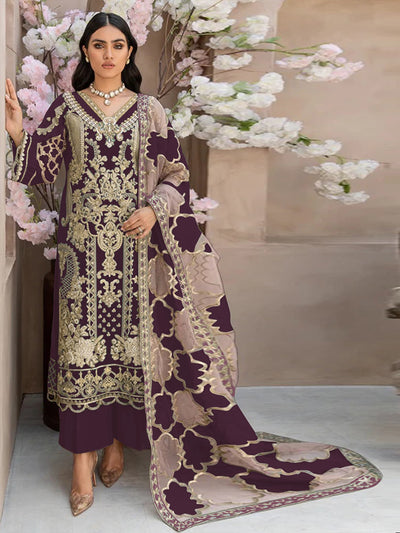 Odette Wine Organza Embroidered Semi Stitched Salwar Suit For Women