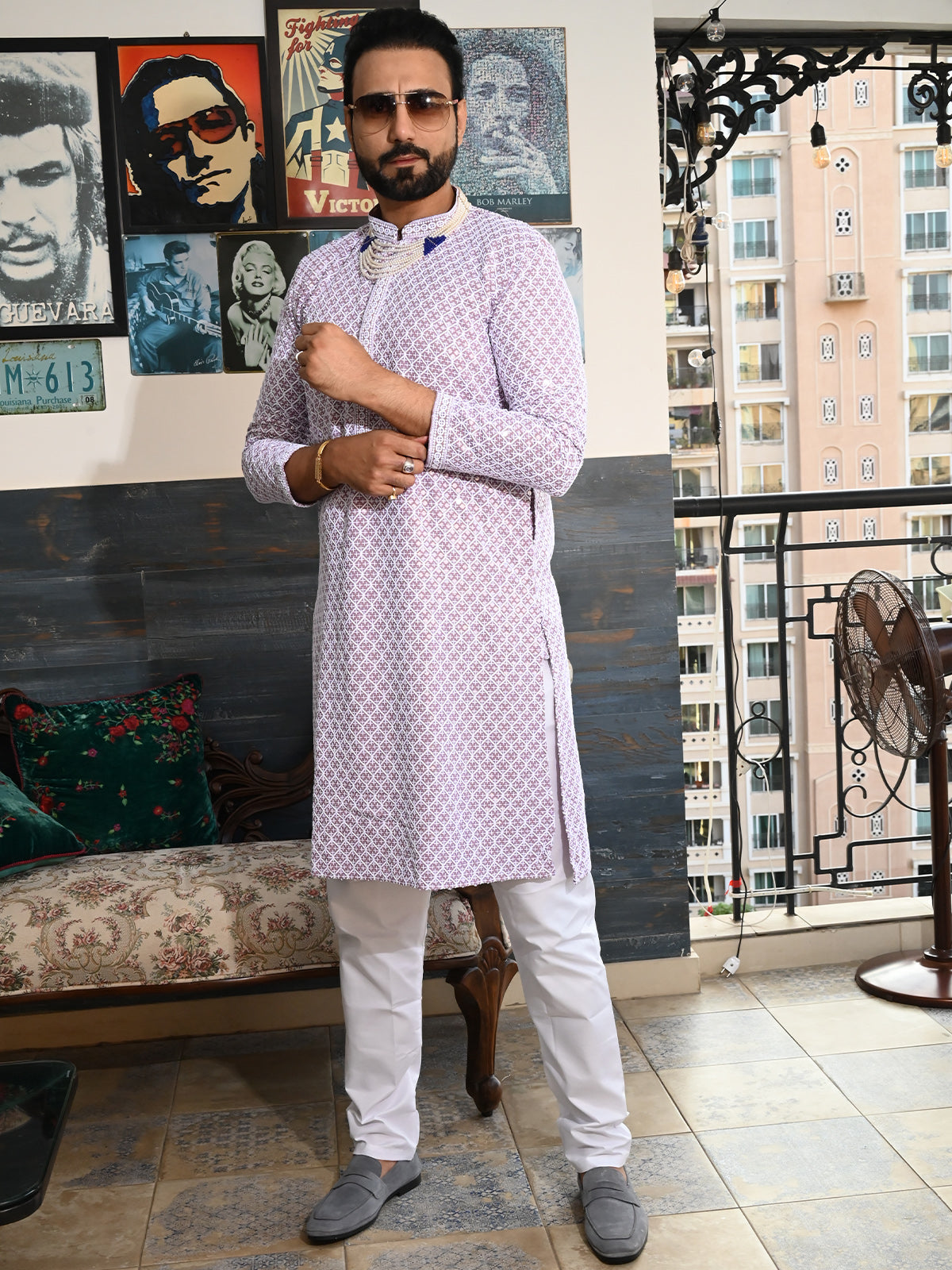 Odette Mauve Embroidered Cotton Kurta Set For Men