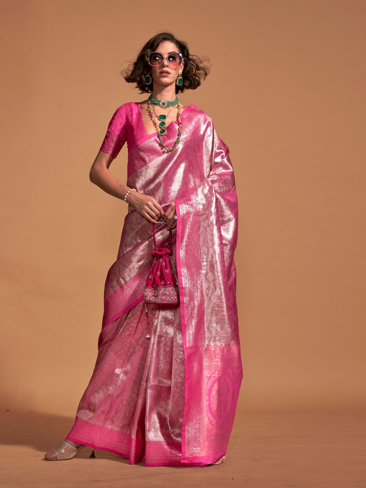 Odette Pink Silk Blend Woven Saree With Unstitched Blouse For Women