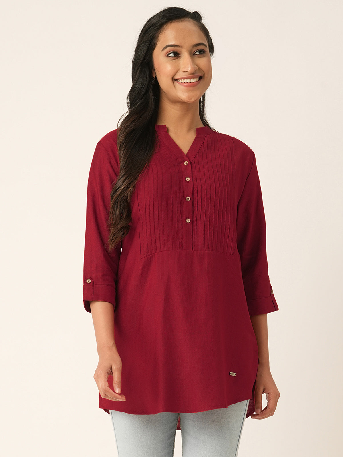 Odette Red Printed Rayon Stitched Kurta For Women