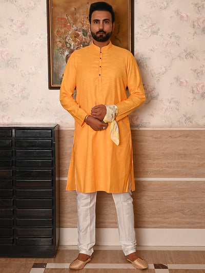 Odette Yellow Woven Cotton Polyester Kurta Set For Men