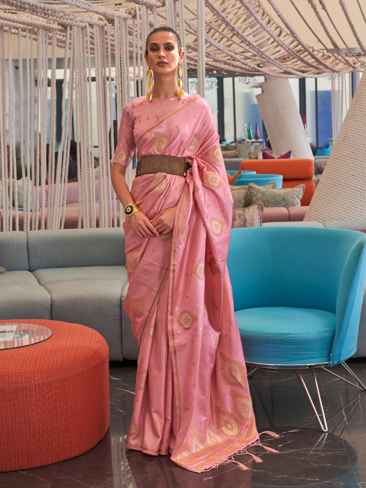 Odette Pink Silk Blend Woven Saree With Unstitched Blouse for Women