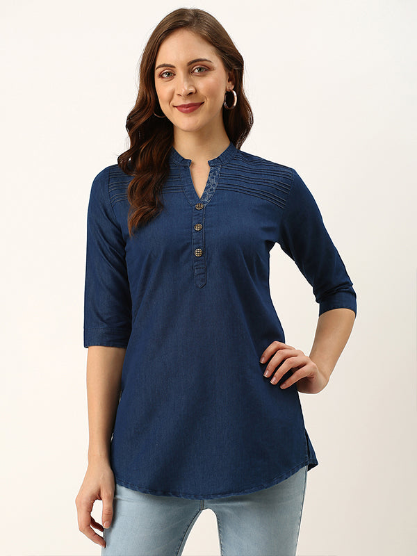 Odette Blue Solid Denim Stitched Short Kurta For Women