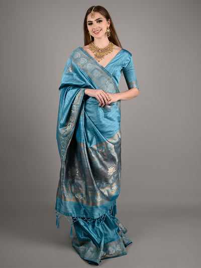 Odette Women Blue Silk Blend Woven Saree With Unstitched Blouse