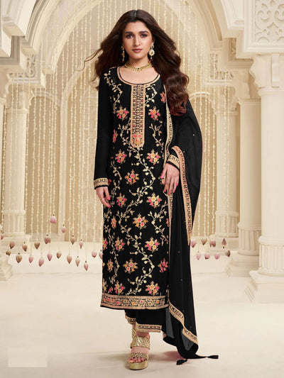 Odette Black Viscose Embroidered Semi-Stitched Kurta Set For Women