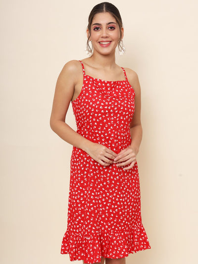 Odette Red Heavy Crepe Printed Stitched Western Dress For Women