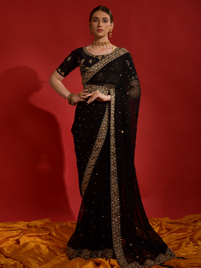 Odette Black Embroidered Georgette Saree With Unstitched Blouse For Women