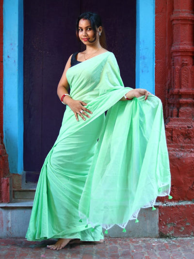 Odette Light Green Cotton  Saree  With Unstitched Blouse for Women