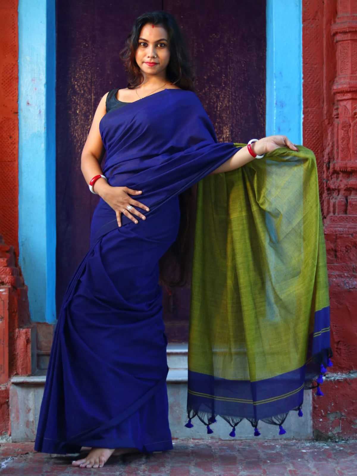 Odette Blue Cotton  Saree  With Unstitched Blouse for Women