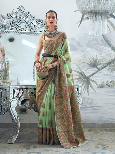 Odette Green Silk Blend Woven Saree With Unstitched Blouse For Women