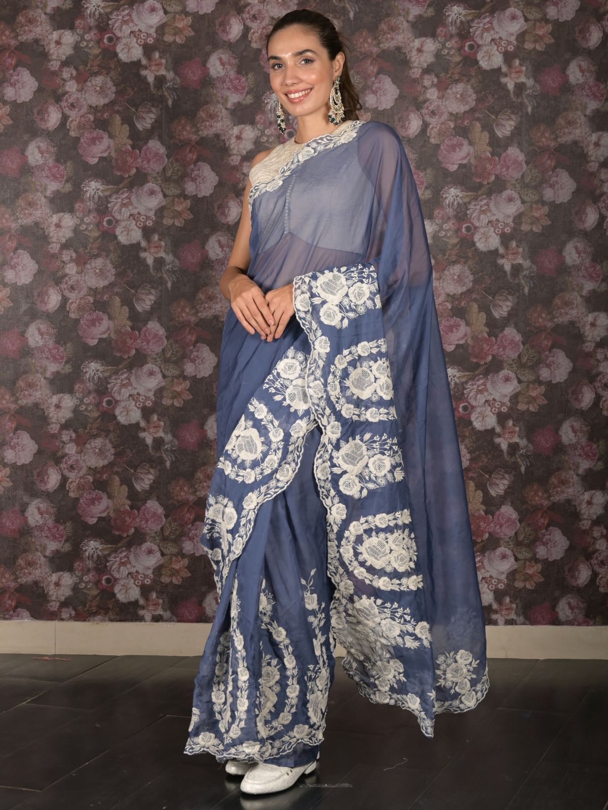 Odette Blue Thread Embroidered Organza Saree With Unstitched Blouse For Women