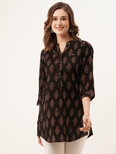 Odette Black Printed Cotton Stitched Short Kurta For women