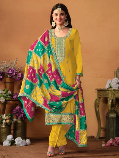 Odette Yellow Embroidered Chinon Silk Unstitched Kurta Set For Women