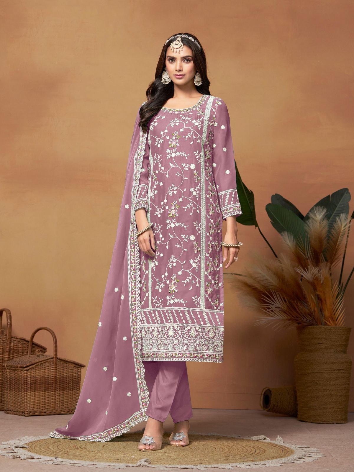 Odette Pink Embroidered Semi Stitched Kurta Set  For Women