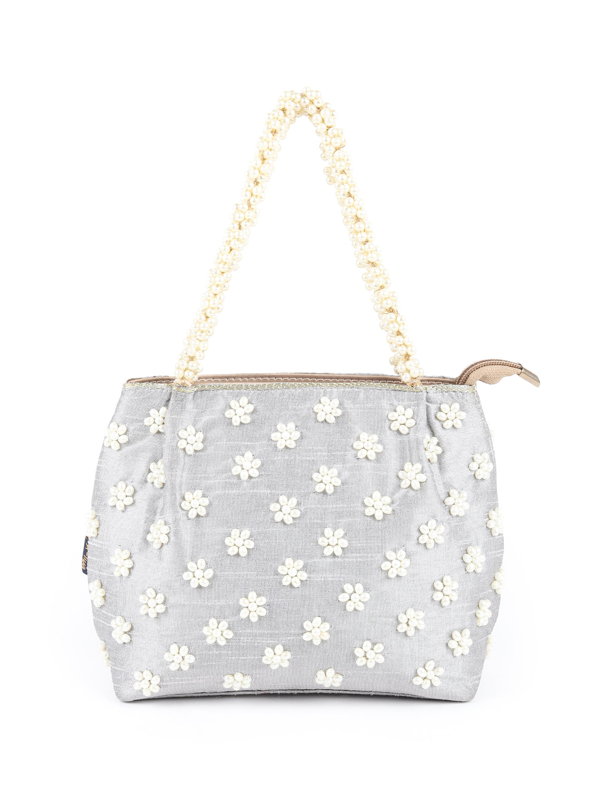 Odette Grey Pearl Embroidered Clutch for Women