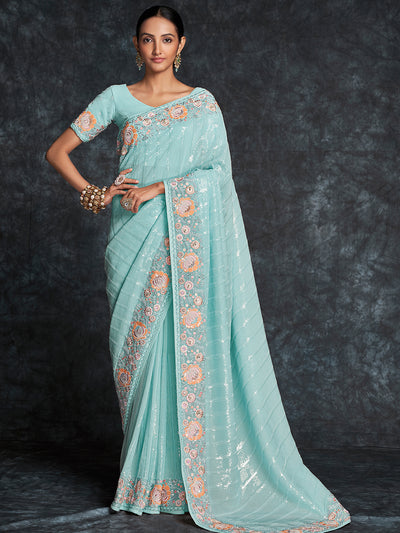 Odette Sea Green Embroidered Georgette Saree With Unstitched Blouse For Women