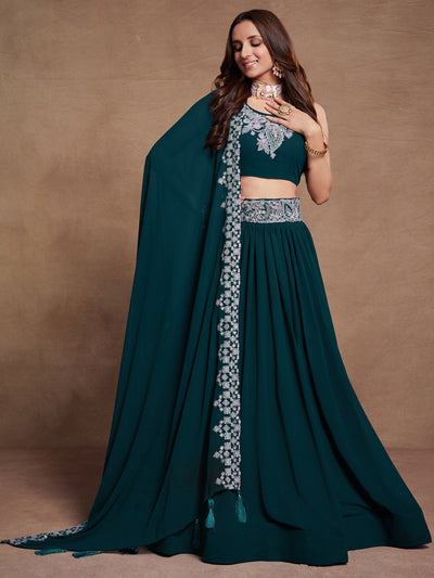 Odette Teal Georgette Embroidered Semi Stitched Lehenga With Unstitched Blouse for Women