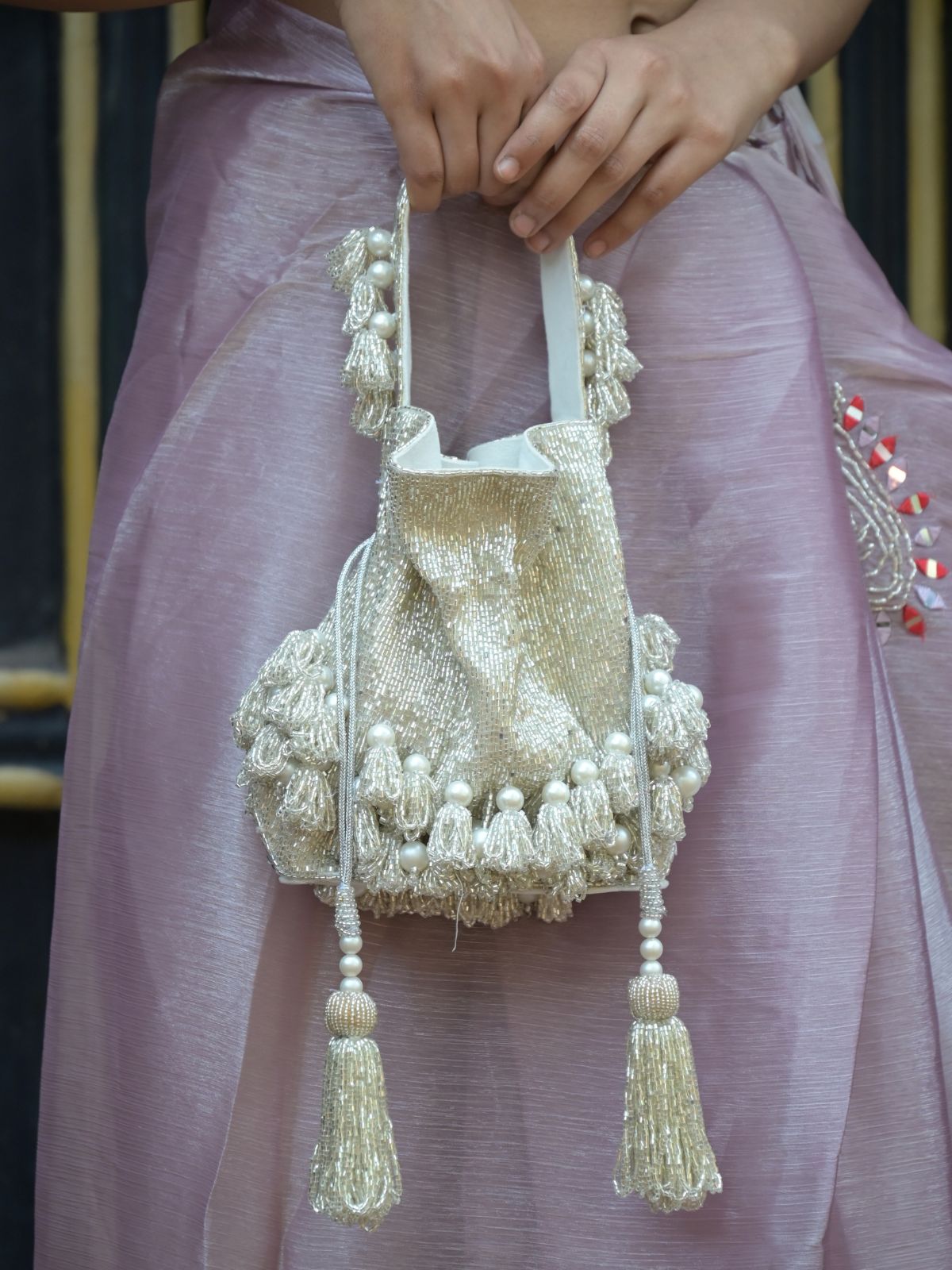 Odette Silver Embroidered Bridal Potli Bag For Women