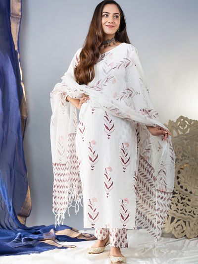 Odette White Cotton Blend Printed Straight Kurta Set For Women