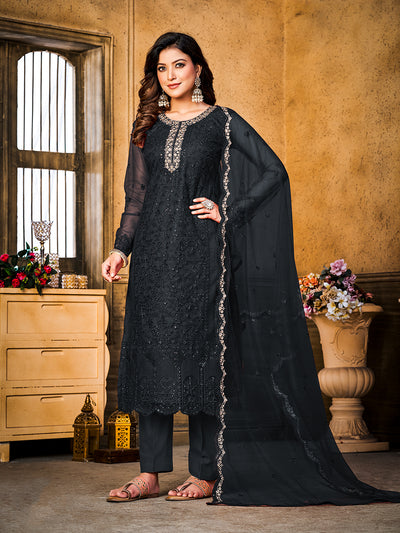 Odette Black Net Embroidered Semi stitched Kurta Set with Inner For Women