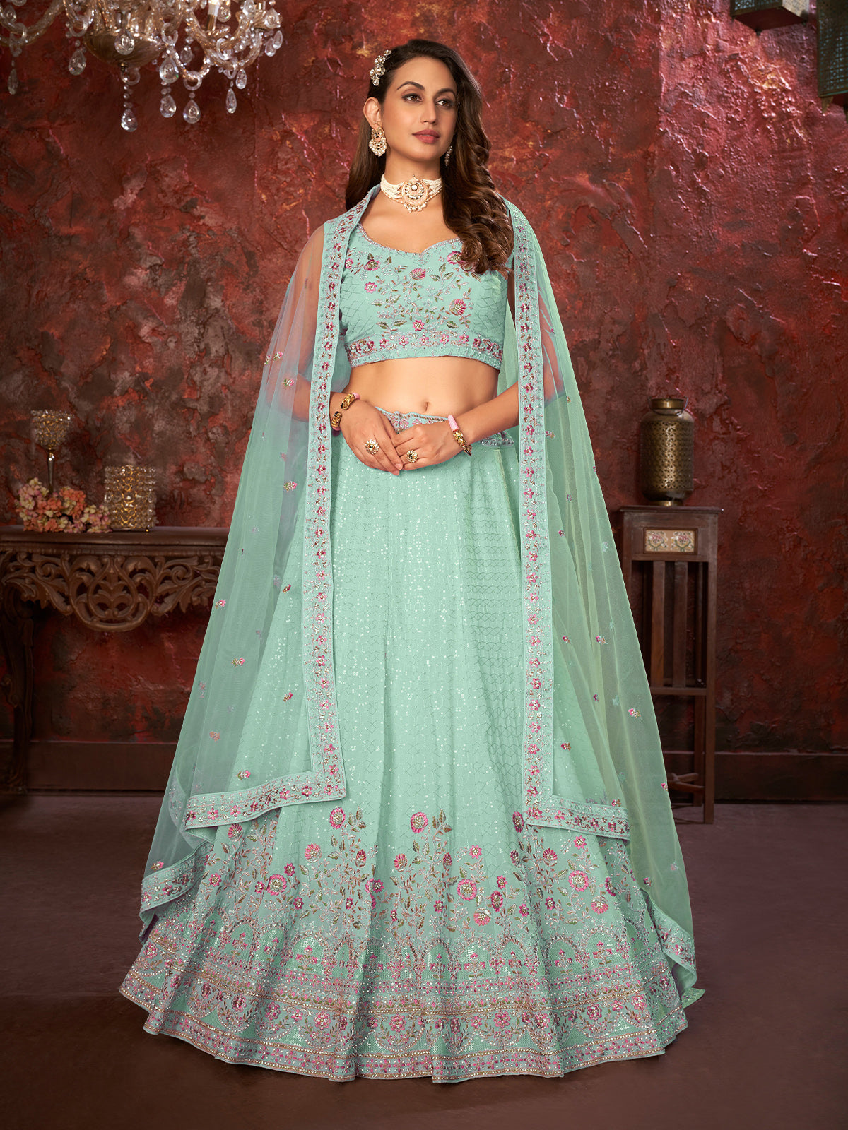 Odette Sky Blue Georgette Embellished Semi Stitched Lehenga With Unstitched Blouse for Women