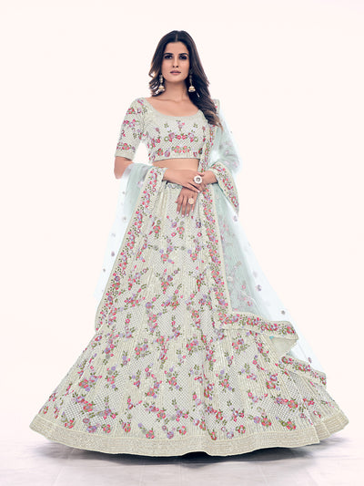 Odette White Embroidered Soft Net Semi Stitched Lehenga With Blouse For Women