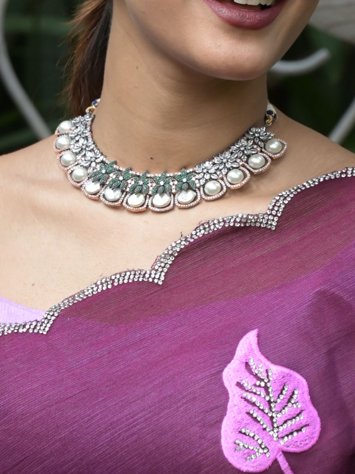 Odette White and Green Gemstone Embellished Necklace Set for Women
