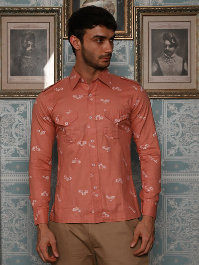 Odette Peach Printed Cotton Hunting Shirt for Men