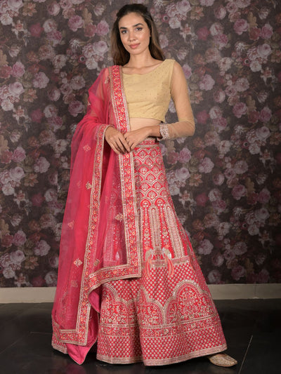 Odette Pink Velvet Embroidered Semi Stitched Lehenga With Unstitched Blouse For Women