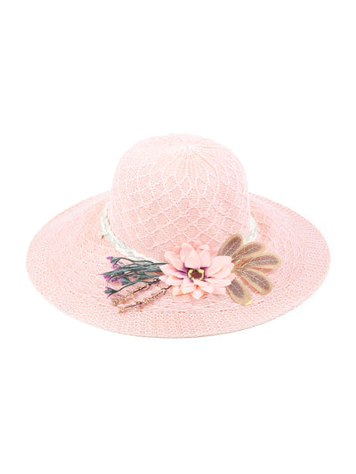 Odette Peach Self Design Embellished Sun Hat For Women