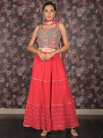 Odette Pink Mirror and Sequins Embroidered Georgette Stitched Lehenga with Stitched Blouse for Women