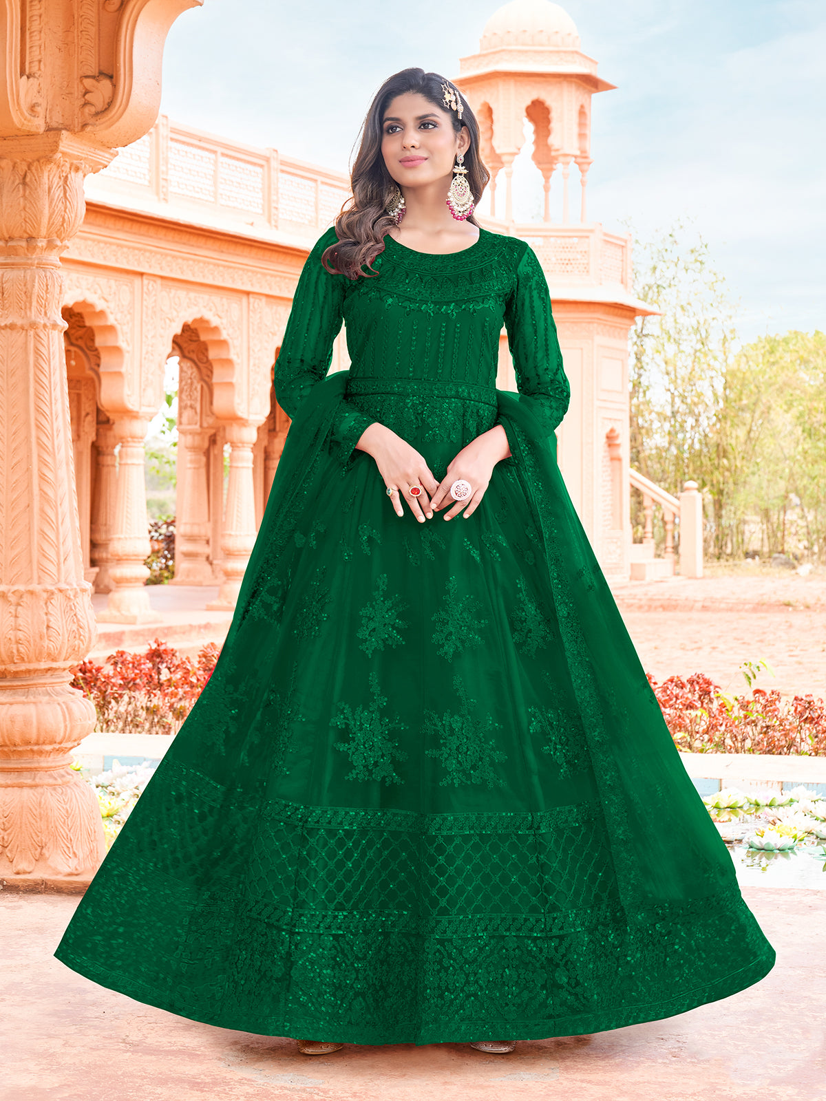 Odette Green Net Embroidered Semi stitched Kurta Set With Inner For Women