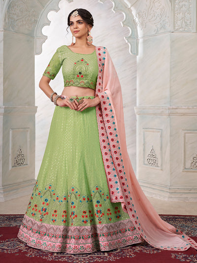 Odette Green Georgette Embroidered Semi Stitched Lehenga With Unstitched Blouse for Women