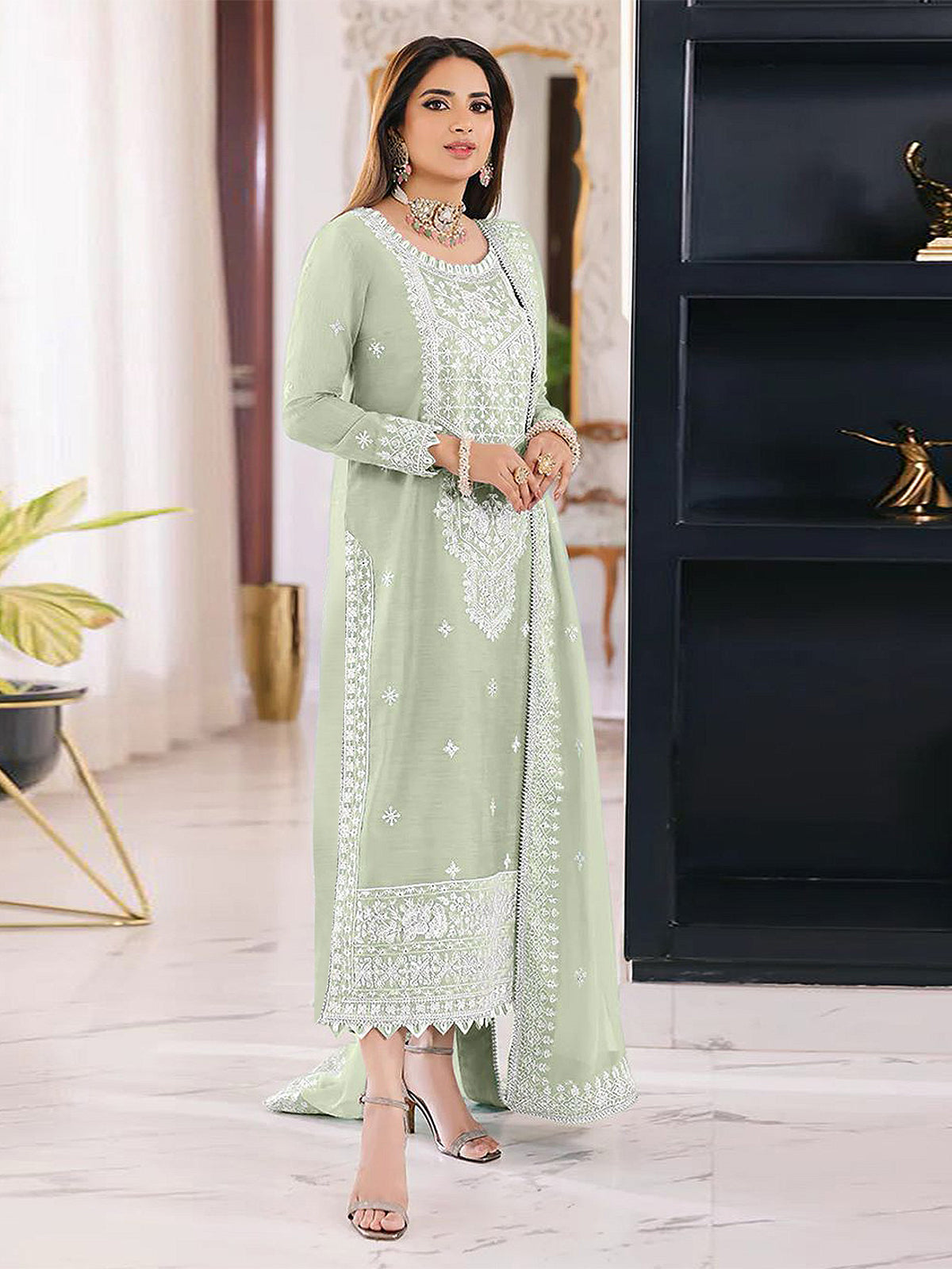Odette Sea Green Organza Embroidered Semi Stitched Salwar Suit For Women