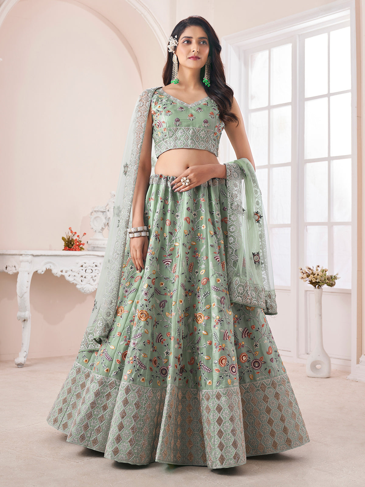 Odette Green Organza Blend Embroidered Semi Stitched Lehenga With Unstitched Blouse for Women