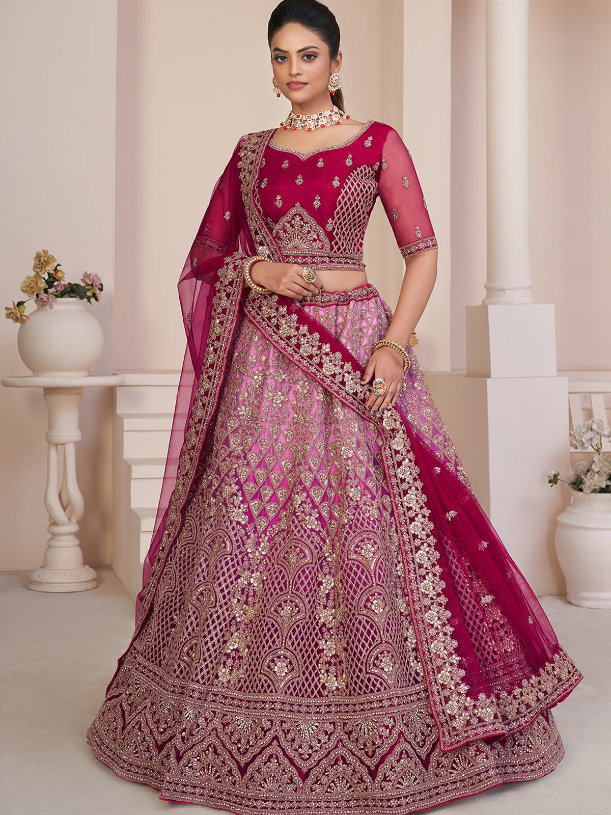 Odette Purple Net Embellished Semi Stitched Lehenga With Unstitched Blouse for Women
