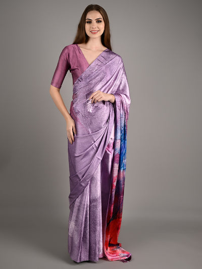 Lavender Soft Crepe Digital Print Saree With Unstitched Blouse