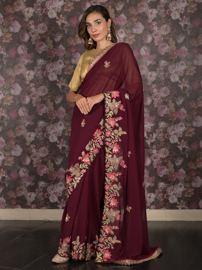 Odette Purple Floral Embroidered Georgette Saree with Unstitched Blouse for Women