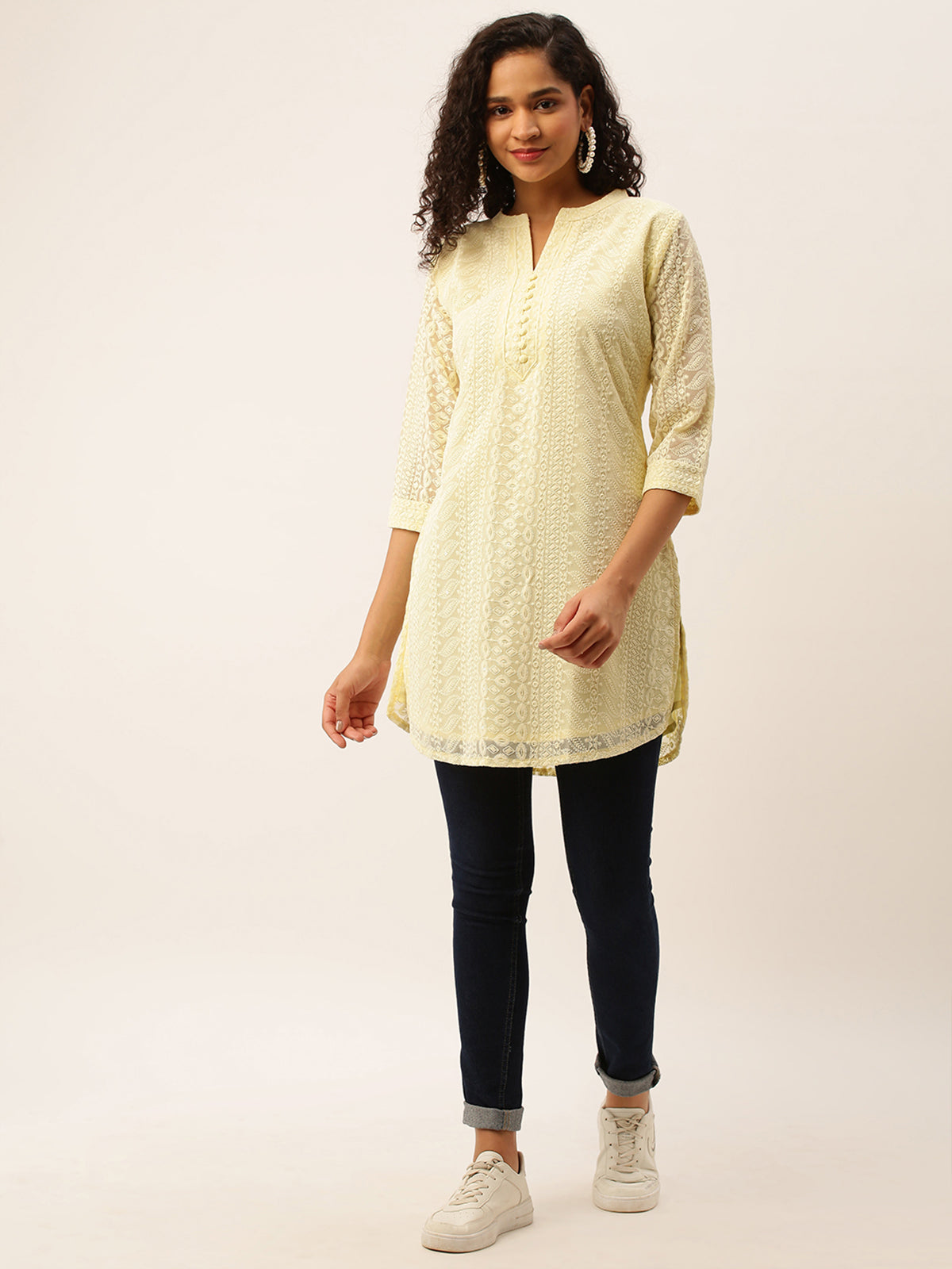 Odette Yellow Embroidered Georgette Stitched Short Kurta For Women