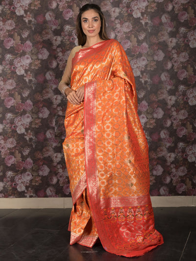 Odette Orange Patola Silk Woven Saree with Unstitched Blouse for Women