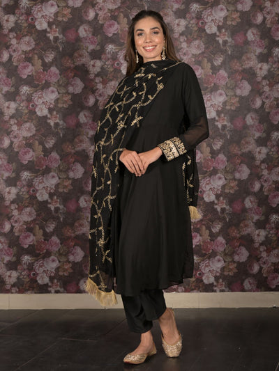 Odette Black Embroidered Stitched Fit and Flare Georgette Kurta Set for Womem